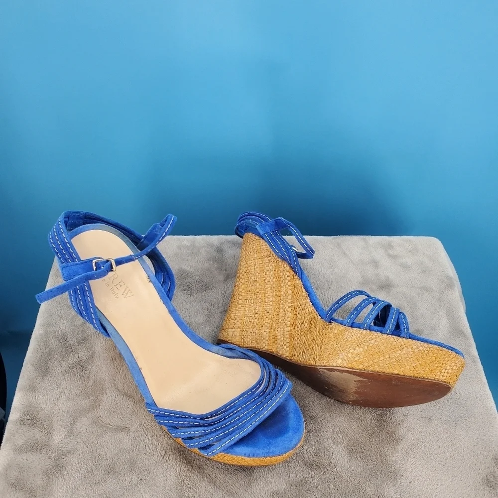 J.Crew blue suede strappy wedge heels 8
